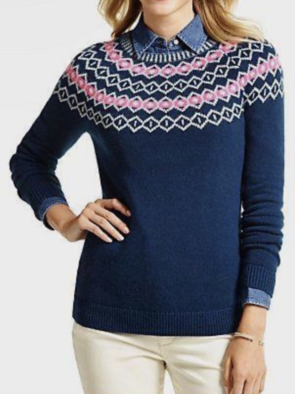 Talbots Navy Blue & Pink Diamond Fair Isle Yoke Lambswool Blend Sweater Size L